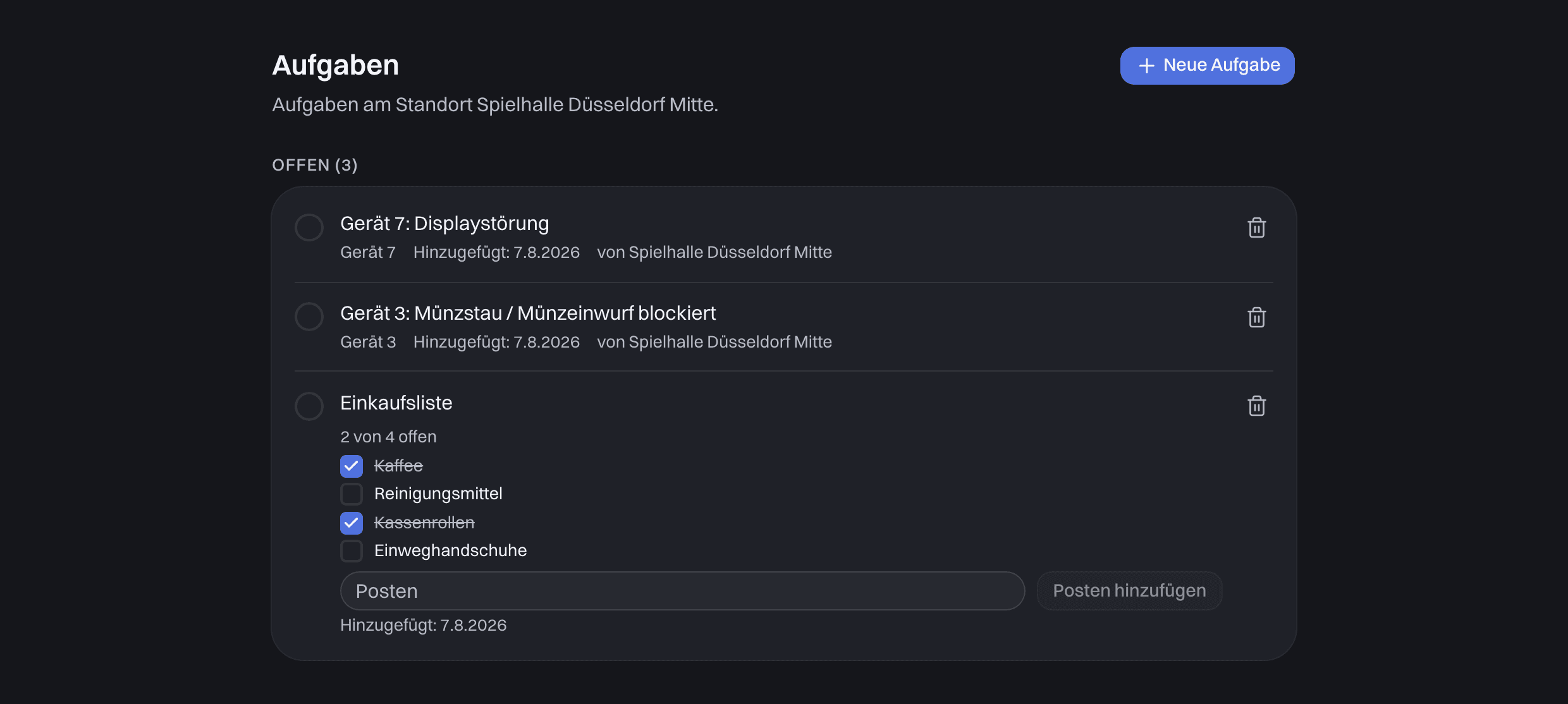 Aufgabenliste mit offenen Aufgaben und einer Einkaufsliste